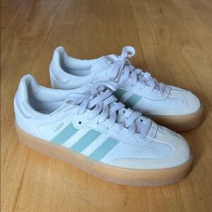 adidas Samba Platform Sneakers White with Light Blue Stripes and Gum Sole